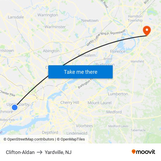 Clifton-Aldan to Yardville, NJ map