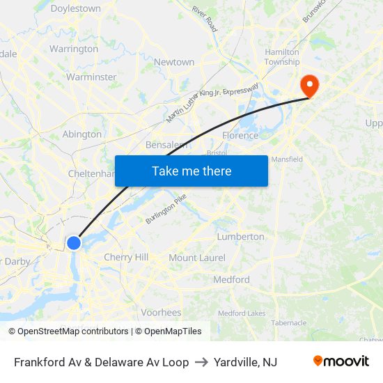 Frankford Av & Delaware Av Loop to Yardville, NJ map