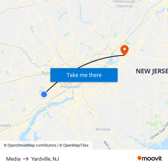 Media to Yardville, NJ map