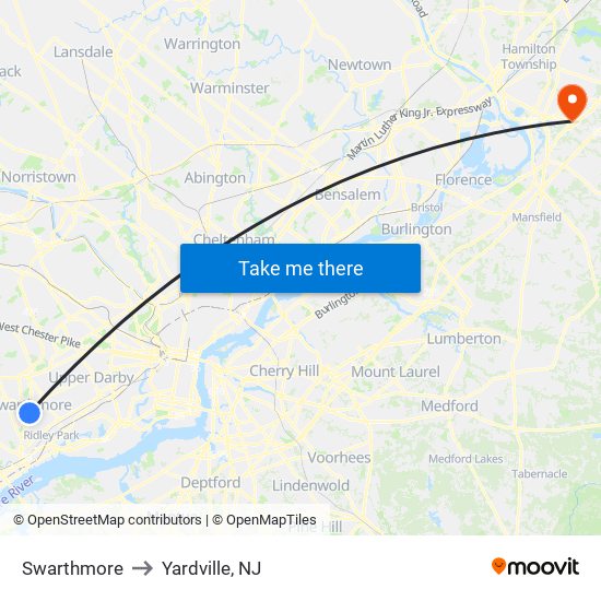 Swarthmore to Yardville, NJ map