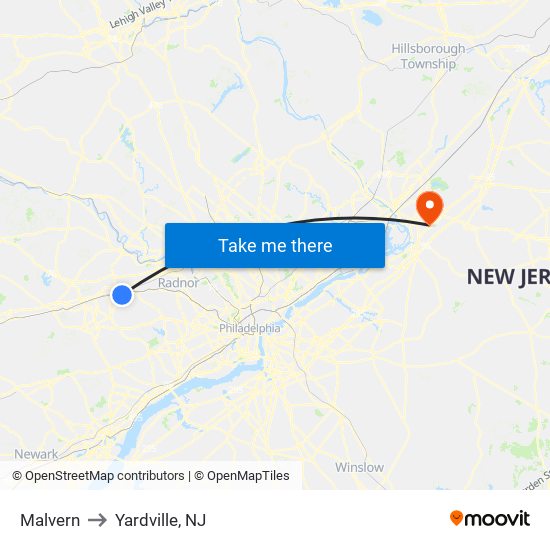 Malvern to Yardville, NJ map