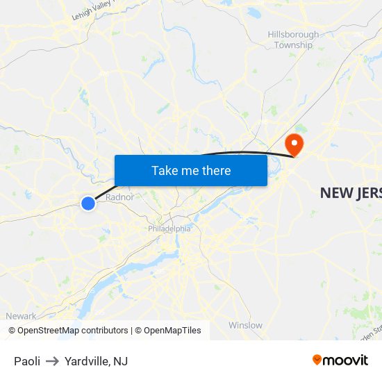 Paoli to Yardville, NJ map