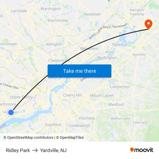 Ridley Park to Yardville, NJ map