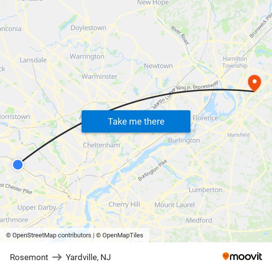 Rosemont to Yardville, NJ map