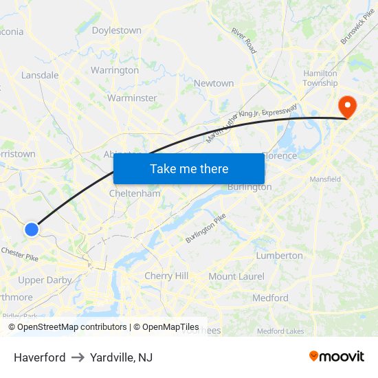Haverford to Yardville, NJ map