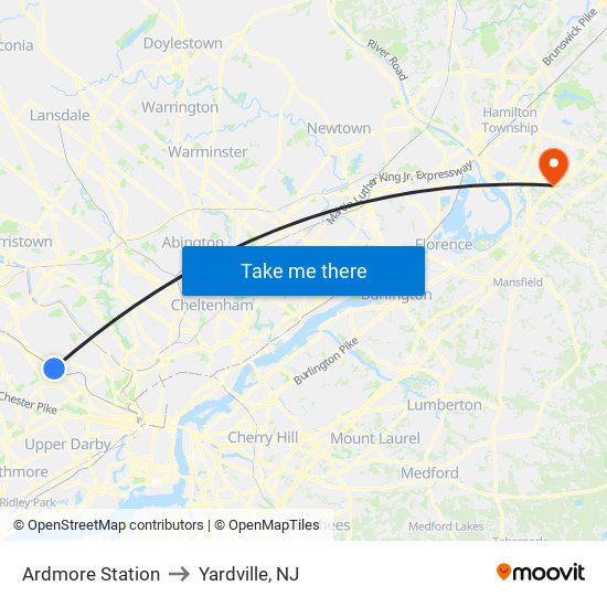 Ardmore Station to Yardville, NJ map