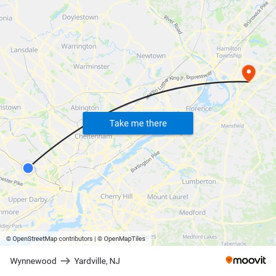 Wynnewood to Yardville, NJ map