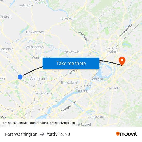 Fort Washington to Yardville, NJ map