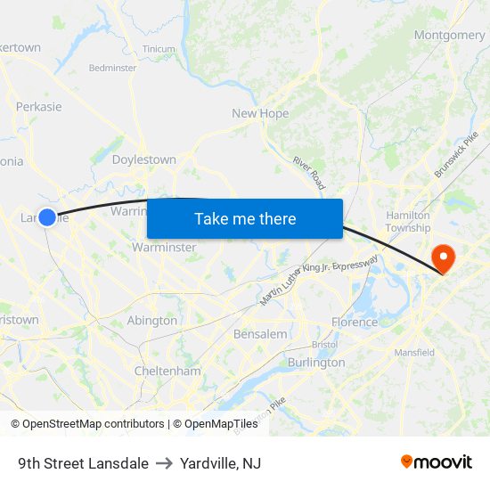 9th Street Lansdale to Yardville, NJ map