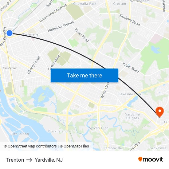 Trenton to Yardville, NJ map
