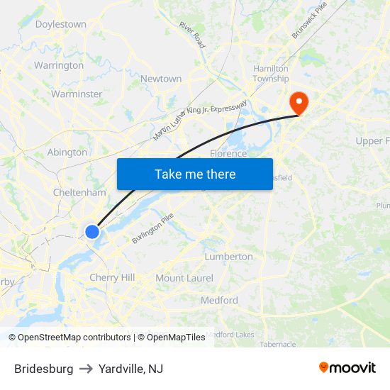 Bridesburg to Yardville, NJ map
