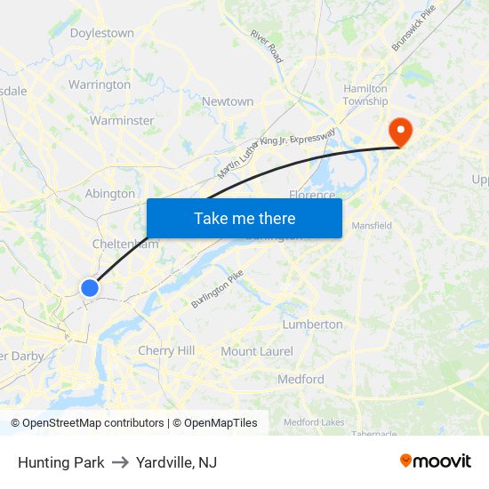 Hunting Park to Yardville, NJ map