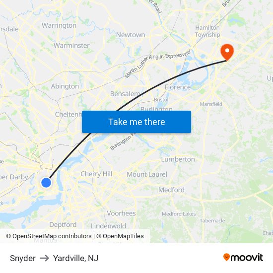 Snyder to Yardville, NJ map