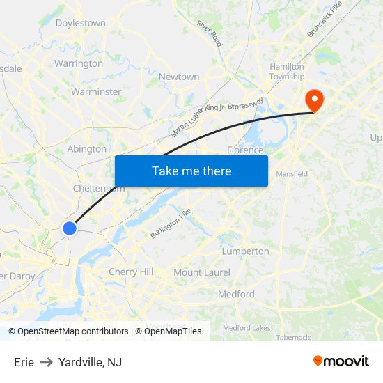 Erie to Yardville, NJ map