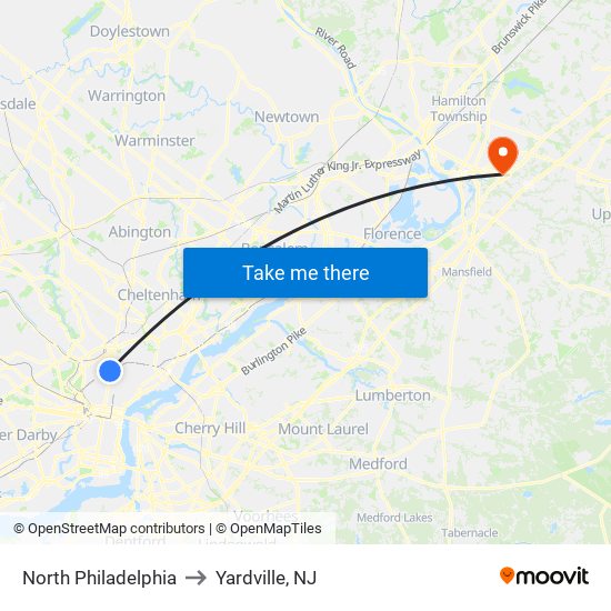 North Philadelphia to Yardville, NJ map