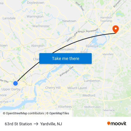 63rd St Station to Yardville, NJ map