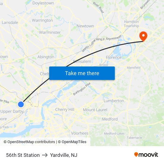 56th St Station to Yardville, NJ map