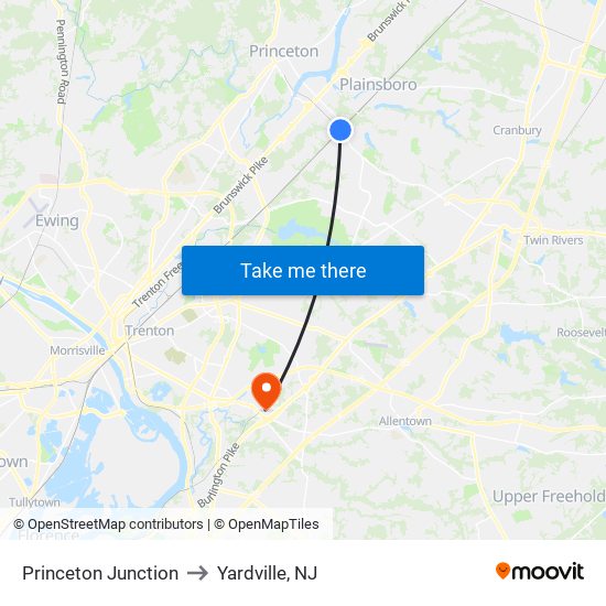 Princeton Junction to Yardville, NJ map