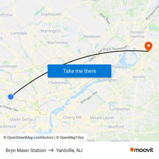 Bryn Mawr Station to Yardville, NJ map