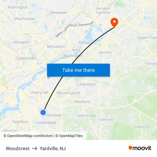 Woodcrest to Yardville, NJ map