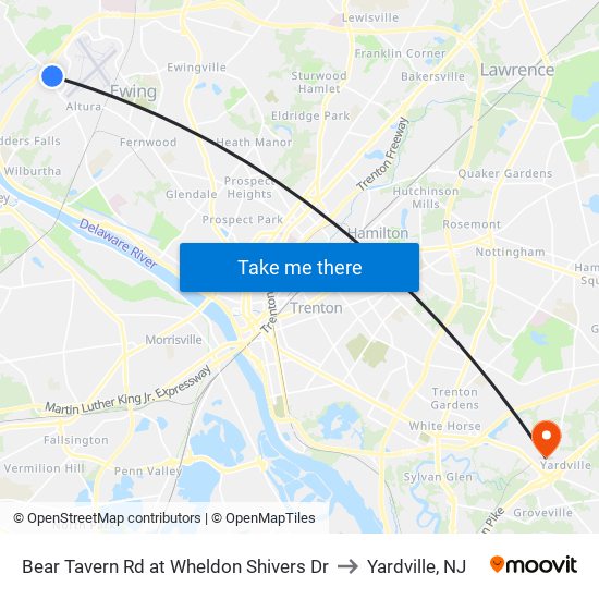 Bear Tavern Rd at Wheldon Shivers Dr to Yardville, NJ map