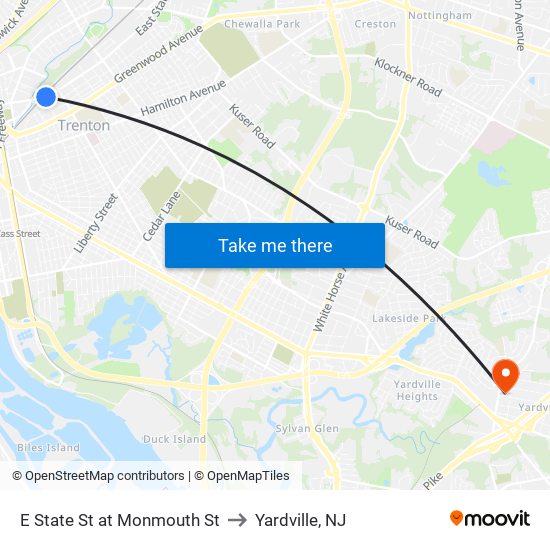 E State St at Monmouth St to Yardville, NJ map