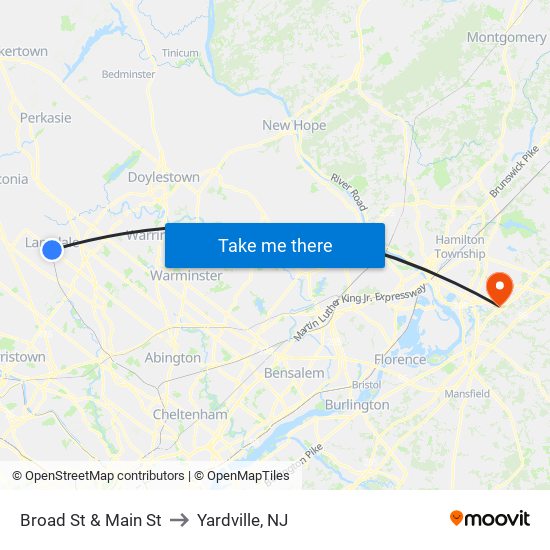 Broad St & Main St to Yardville, NJ map