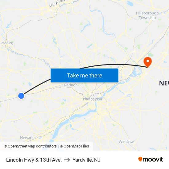 Lincoln Hwy & 13th Ave. to Yardville, NJ map