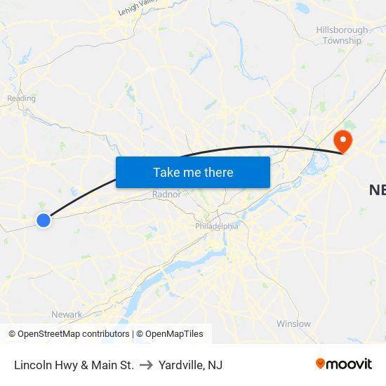 Lincoln Hwy & Main St. to Yardville, NJ map
