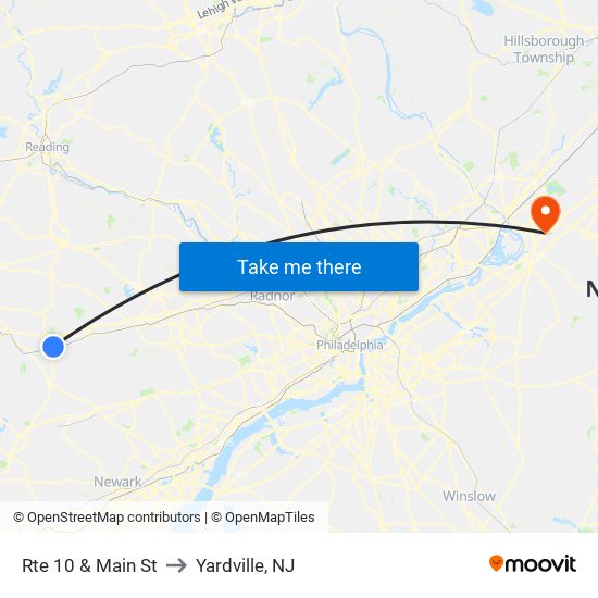 Rte 10 & Main St to Yardville, NJ map