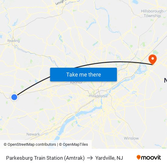 Parkesburg Train Station (Amtrak) to Yardville, NJ map