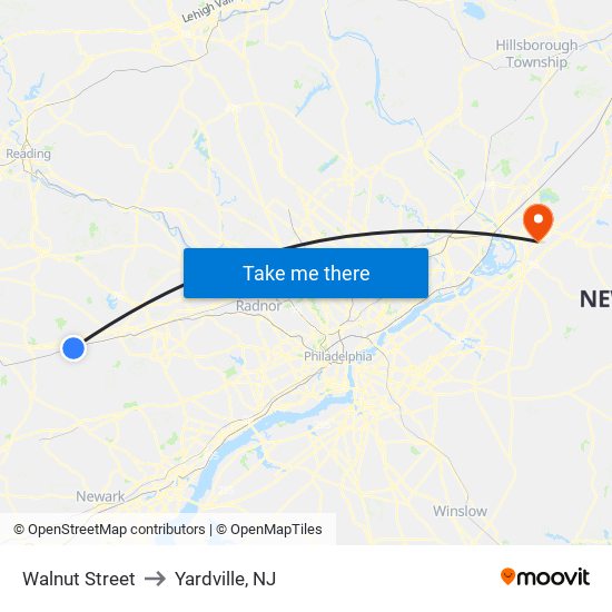Walnut Street to Yardville, NJ map