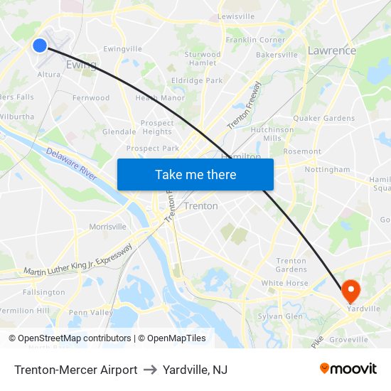 Trenton-Mercer Airport to Yardville, NJ map