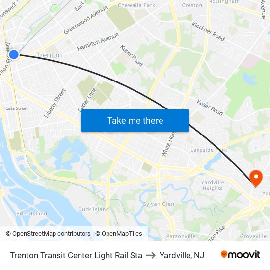 Trenton Transit Center Light Rail Sta to Yardville, NJ map