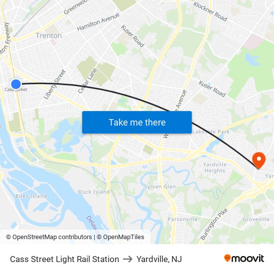 Cass Street Light Rail Station to Yardville, NJ map