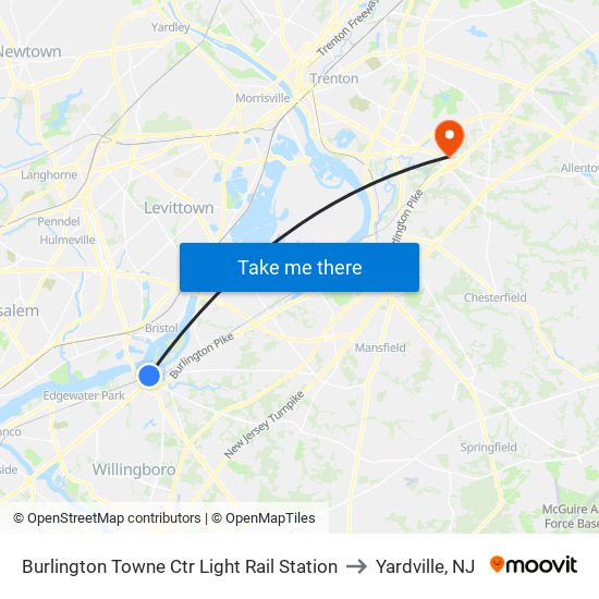 Burlington Towne Ctr Light Rail Station to Yardville, NJ map