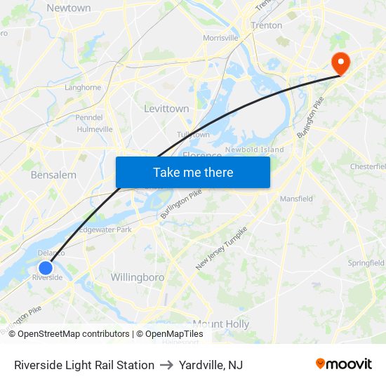 Riverside Light Rail Station to Yardville, NJ map