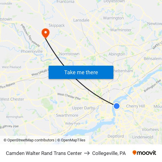 Camden Walter Rand Trans Center to Collegeville, PA map