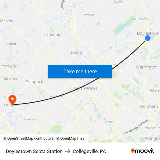Doylestown Septa Station to Collegeville, PA map