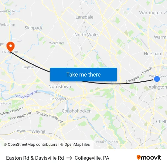 Easton Rd & Davisville Rd to Collegeville, PA map