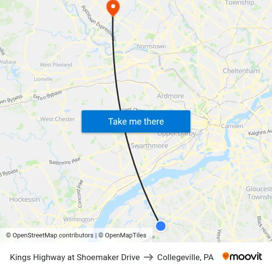 Kings Highway at Shoemaker Drive to Collegeville, PA map