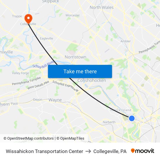 Wissahickon Transportation Center to Collegeville, PA map