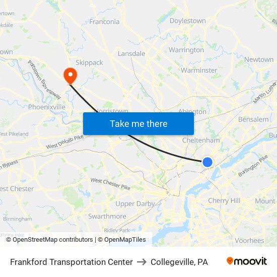 Frankford Transportation Center to Collegeville, PA map