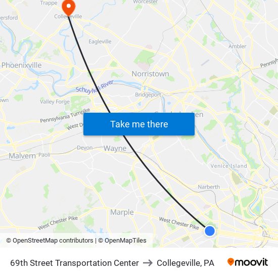 69th Street Transportation Center to Collegeville, PA map