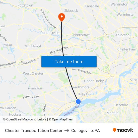 Chester Transportation Center to Collegeville, PA map