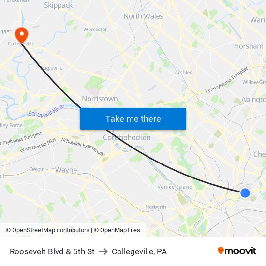 Roosevelt Blvd & 5th St to Collegeville, PA map