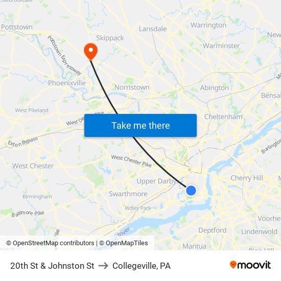 20th St & Johnston St to Collegeville, PA map