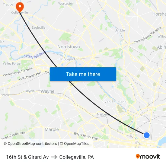 16th St & Girard Av to Collegeville, PA map