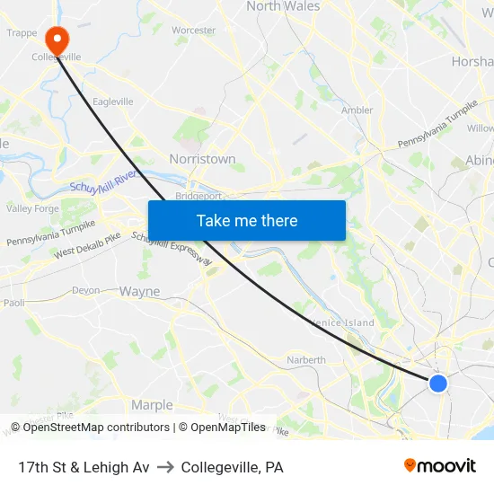 17th St & Lehigh Av to Collegeville, PA map