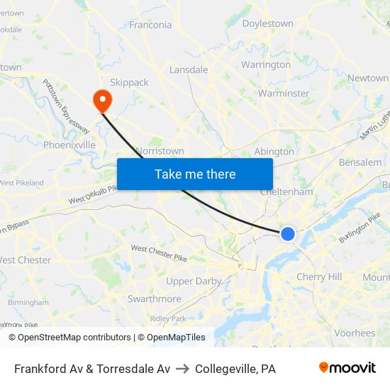 Frankford Av & Torresdale Av to Collegeville, PA map